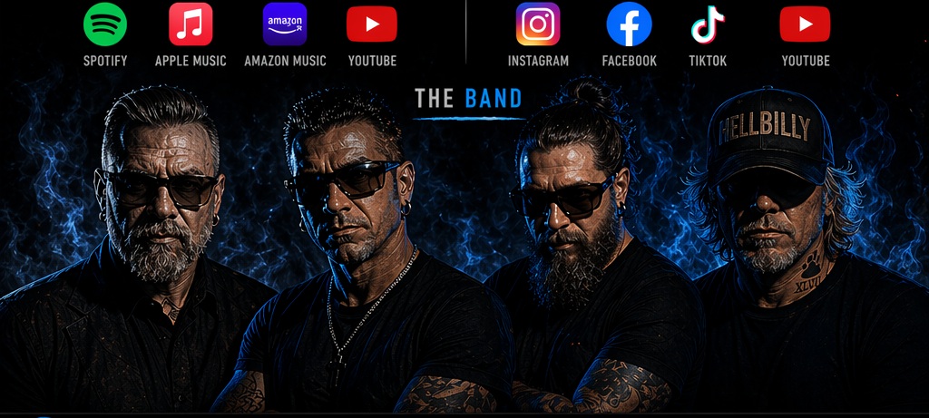 Hellbilly band members in blue hellfire style