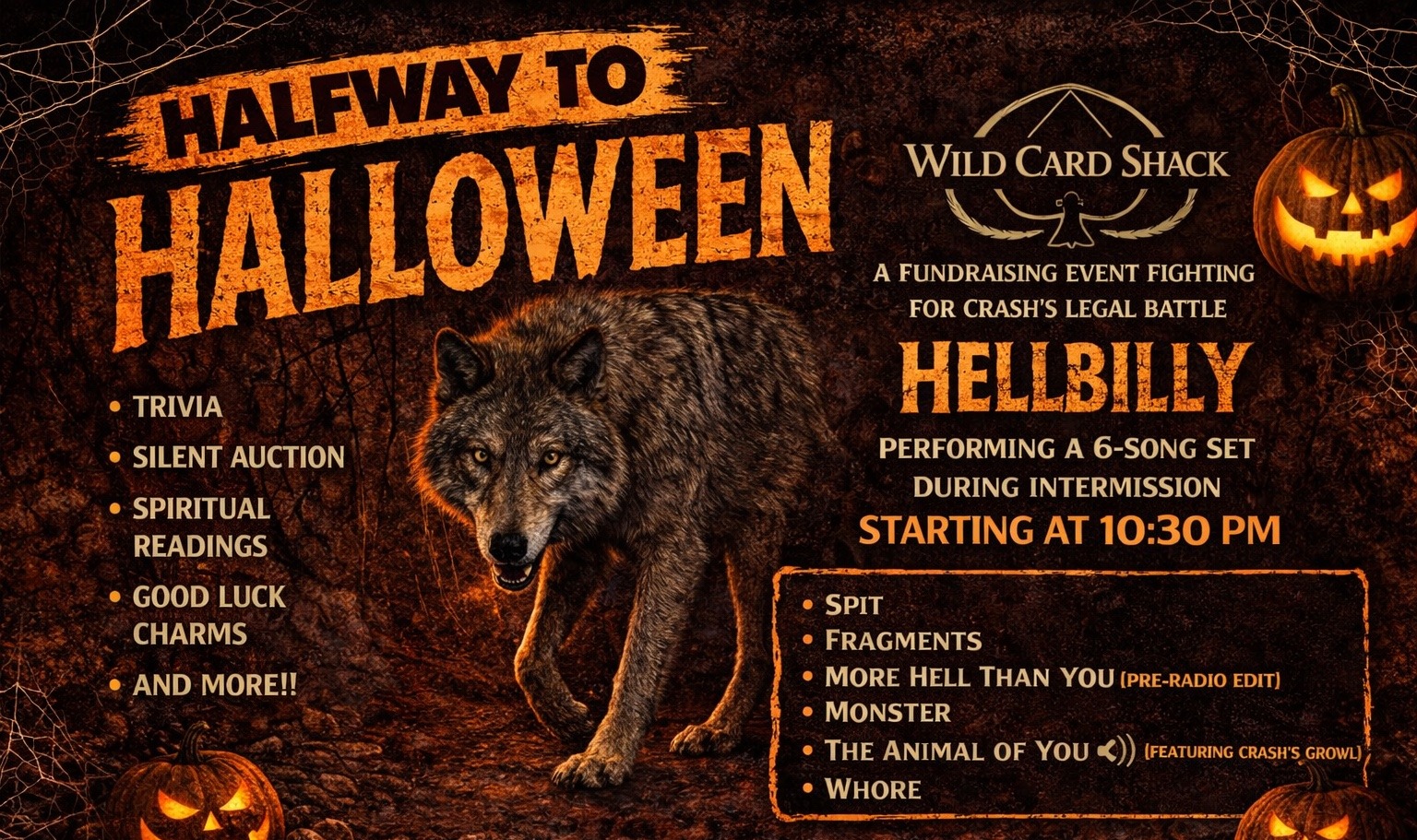 Halfway to Halloween fundraiser poster for Hellbilly performing May 1